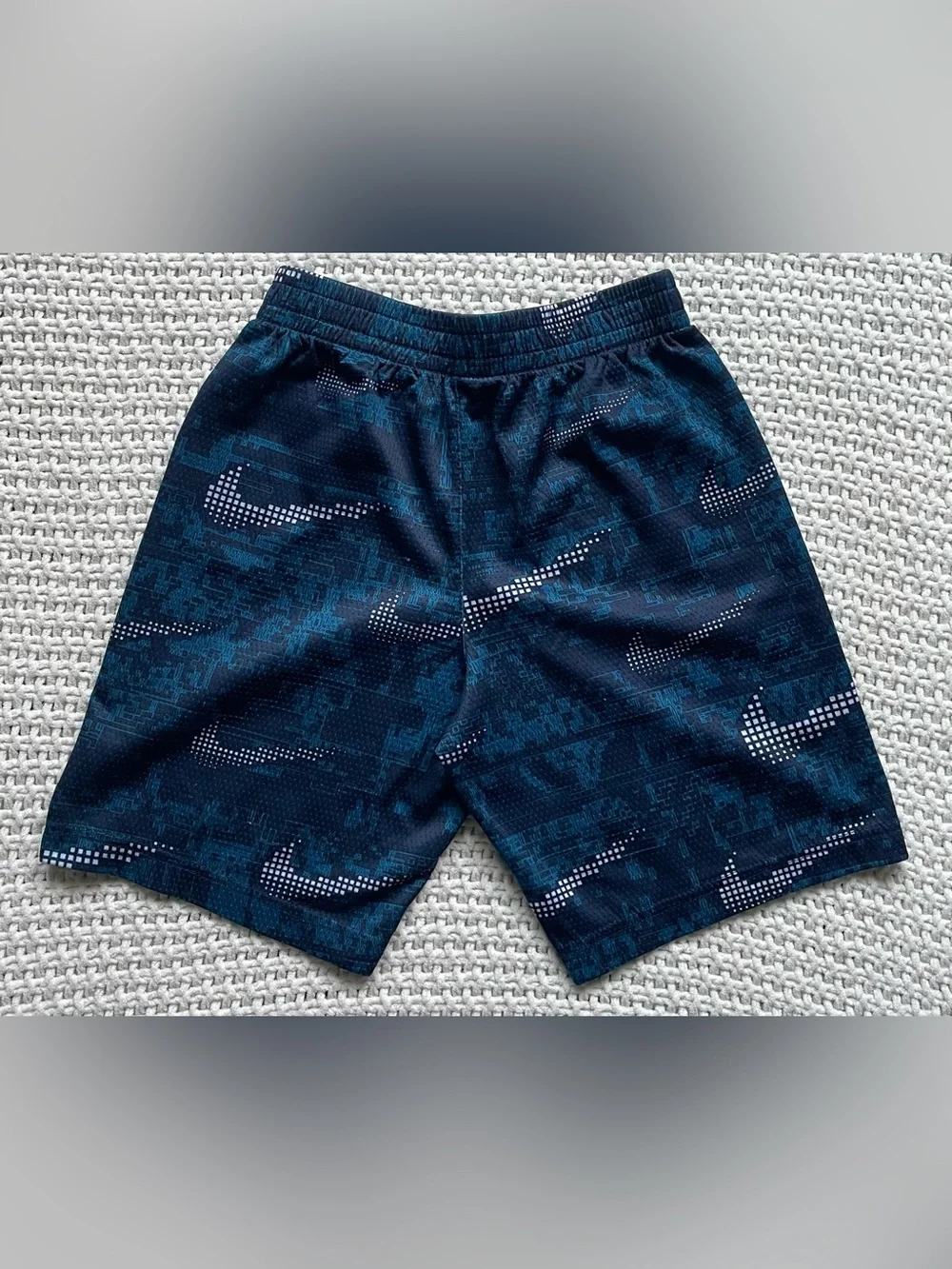 Nike Gray Tee with Blue Pixel Swoosh & Navy Patterned Shorts